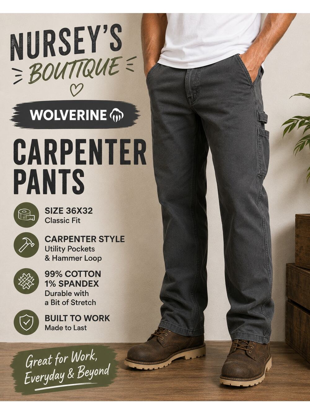 Wolverine Carpenter Work Pants Gray Utility Workwear Men's 36x32 Stretch